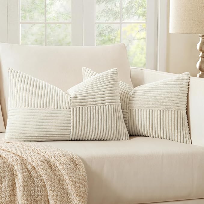 MIULEE Beige Corduroy Pillow Covers Pack of 2 Boho Decorative Spliced Throw Pillow Covers Soft Solid Couch Pillowcases Cross Patchwork Textured Cushion Covers for Living Room Bed Sofa 14x22 inch