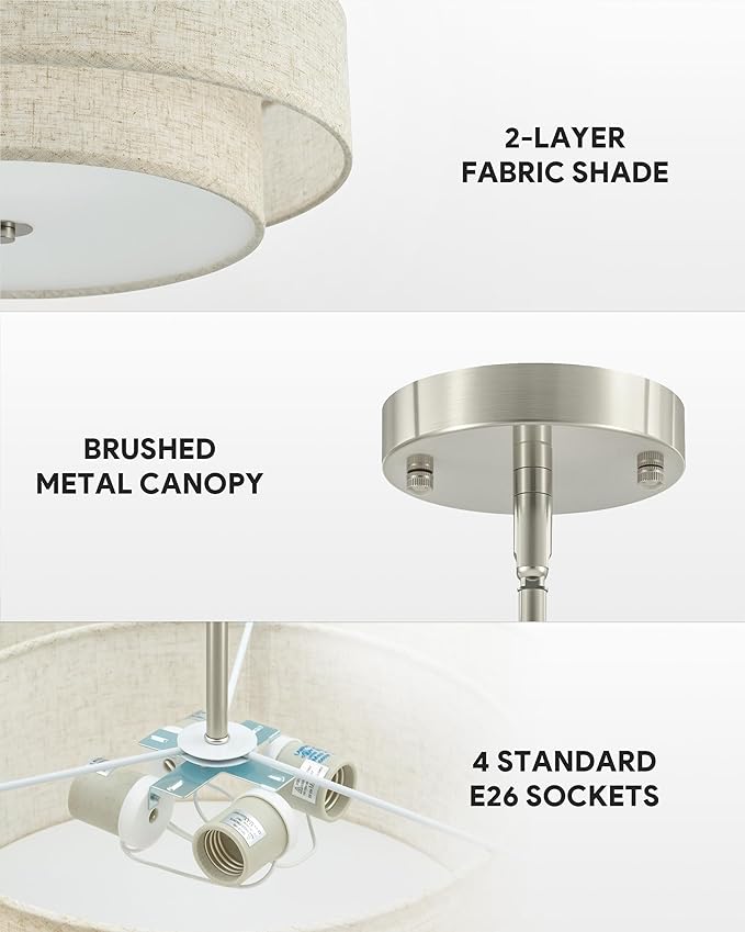 VONLUCE Modern Chandeliers, 18" Drum Chandeliers with 2-Layer Fabric Shade, 4-Light Pendant Light Fixture with E26 Base, Light Fixture for Dining Room Bedroom Living Room, Linen Shade & Nickel Finish