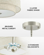 VONLUCE Modern Chandeliers, 18" Drum Chandeliers with 2-Layer Fabric Shade, 4-Light Pendant Light Fixture with E26 Base, Light Fixture for Dining Room Bedroom Living Room, Linen Shade & Nickel Finish