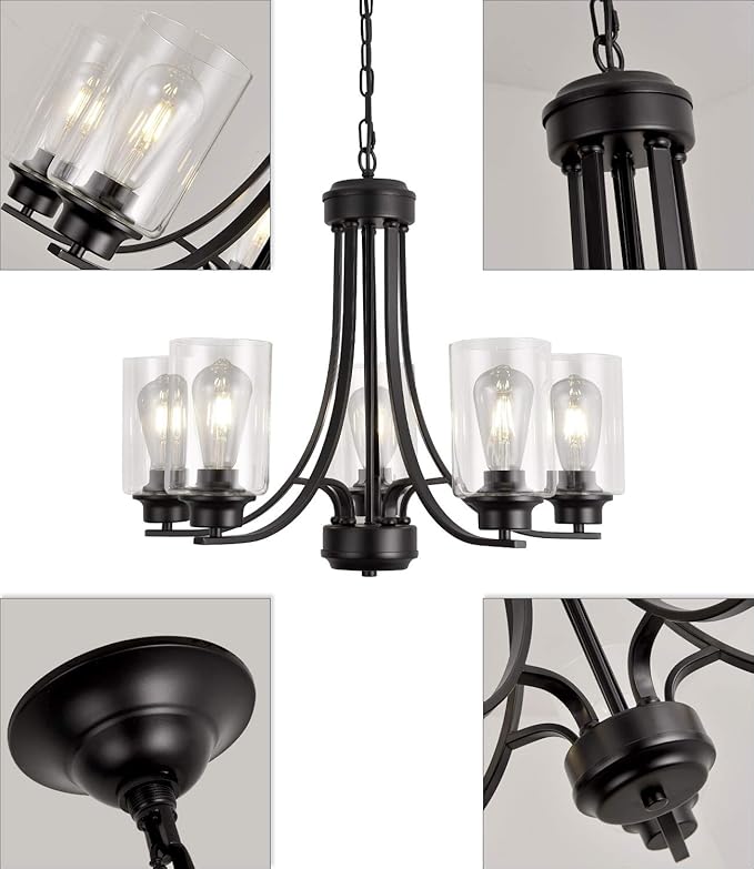 Contemporary 5 Light Glass Chandelier Black Traditional Chandeliers Kitchen Dining Room Lighting Fixtures Hanging Pendant Light Industrial Flush Mount Ceiling Light