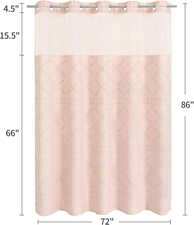 No Hooks Boho Light Pink Woven Fabric Shower Curtain 72 x 86 Modern Farmhouse, Tufted Chevron Striped Shabby Chic Textured, Minimalist Hookless Shower Curtains for Bathroom, Hotel Decor