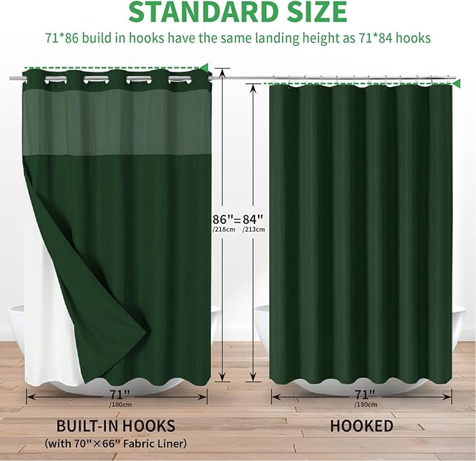 Extra Long No Hooks Needed Linen Textured Shower Curtain with Snap-in Fabric Liner Set,White Hotel Luxury Decor Shower Curtains for Bathroom,Waterproof & Washable,71Wx86H,Emerald Green