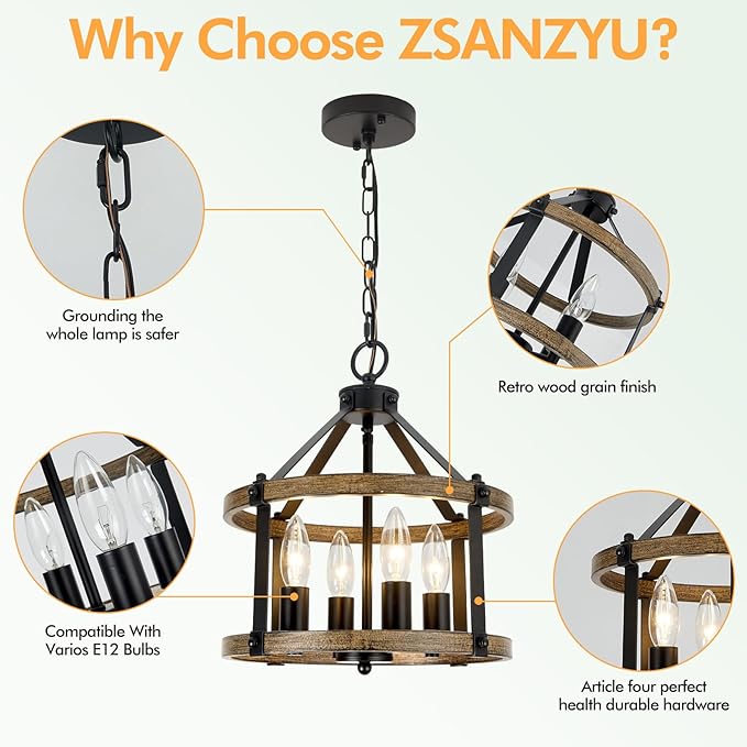 4-Light Farmhouse Chandelier, 12.5 Inch Rustic Black and Vintage Wood Finish Chandeliers for Dining Room Light Fixture, Adjustable Height Hanging Light for Kitchen Island, Entryway, Indoor