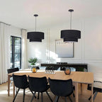 Black Drum Pendant Light Fixtures, 18” Double Drum Chandelier with Fabric Lampshade E26 Base, 3 Light Dining Room Light Fixture, 2-Tier Chandelier for Bedroom and Kitchen(Bulb not Included)