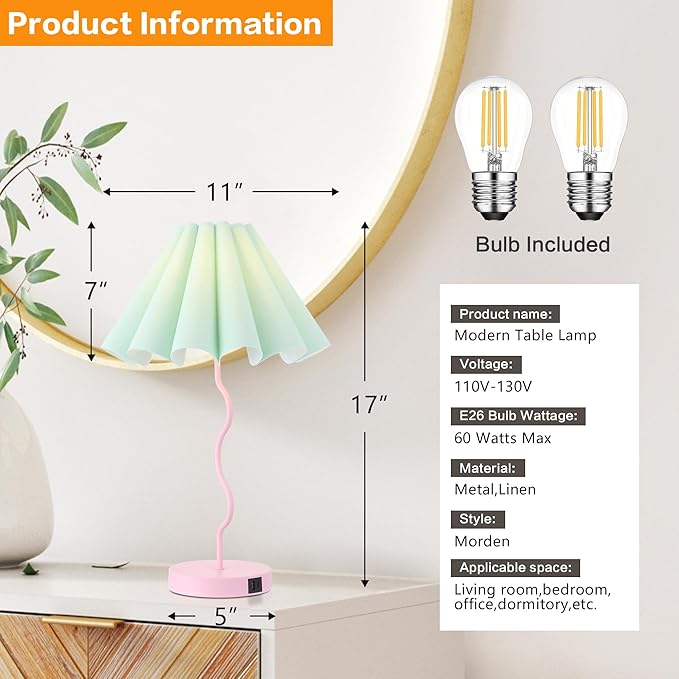 Pleated Table Lamp, Table Lamp for Bedroom, Bedside Lamps for Nightstand with Linen Lampshade, Modern Lamp for Bedroom Home Office Decor, Pink