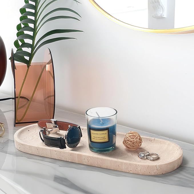 Oval Travertine Stone Tray for Jewelry, Candles, Perfume, Decorative Marble Bathroom Tray for Countertop Organizer 11.8inch x 6inch x 0.7inch