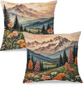 JINYO Watercolor Wildflower Mountain Meadow Pillow Covers 18x18 Set of 2, Pastel Nature Forest Landscape Decorative Throw Pillow Covers for Living Room Bedroom Home, Nature Room Decor