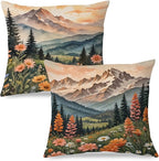 JINYO Watercolor Wildflower Mountain Meadow Pillow Covers 18x18 Set of 2, Pastel Nature Forest Landscape Decorative Throw Pillow Covers for Living Room Bedroom Home, Nature Room Decor