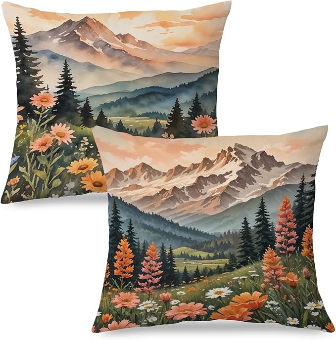 JINYO Watercolor Wildflower Mountain Meadow Pillow Covers 18x18 Set of 2, Pastel Nature Forest Landscape Decorative Throw Pillow Covers for Living Room Bedroom Home, Nature Room Decor