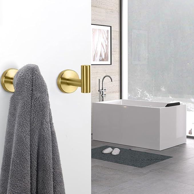 NearMoon Bath Towel Hooks- SUS 304 Stainless Steel Robe Hook Holder, Heavy Duty Coat Hook for Bathroom Livingroom Hotel Kitchen Garage, Wall Mounted (Brushed Gold, 8 Pack)