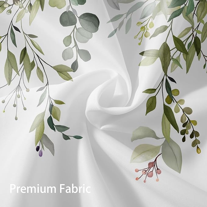 Eucalyptus Shower Curtain, Sage Green Watercolor Leaves with Floral Botanical Bathroom Decor, Waterproof Fabric Bath Curtain Set with Hooks, 72x72 Inches