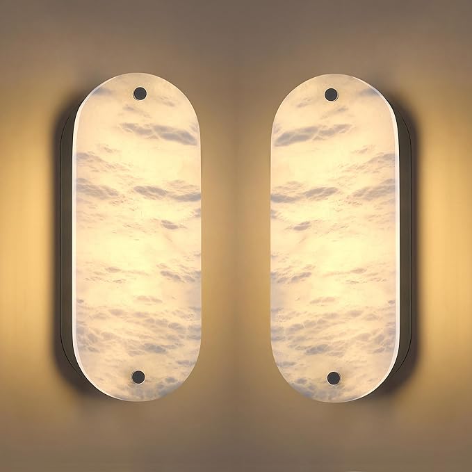2 Pack 2 Light Oval 12" Alabaster Marble Bathroom Wall Sconce Modern Concise Style Wall Light Fixture,Dark Gray Finish for Bedroom Hallway Bedside