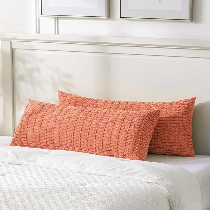 Fancy Homi Coral Long Body Lumbar Lumbar Decorative Throw Pillow Covers 20x54 Inch for Bed Couch Bedroom Bench, Soft Corduroy Rectangle Solid Pillow Case, Rustic Farmhouse Boho Room Decor