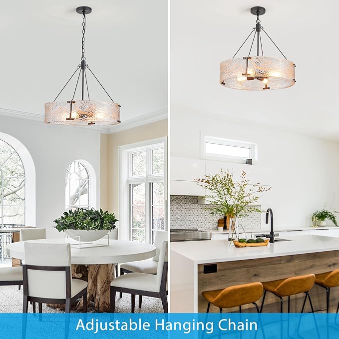XINGQI Black Glass Chandeliers Modern 4-Light Farmhouse Pendant Lighting Fixtures Elegant Round Chandeliers for Dining Room Kitchen Island Living Room Entryway