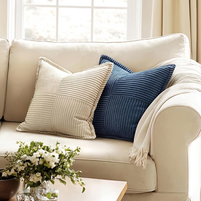 MIULEE Decorative Throw Pillow Covers for Couch Bed Livingroom 18x18 Inch Set of 2 Blue Boho Accent Throw Pllows Broadside Striped Patchwork Soft Corduroy Summer Coastal Pillowcases