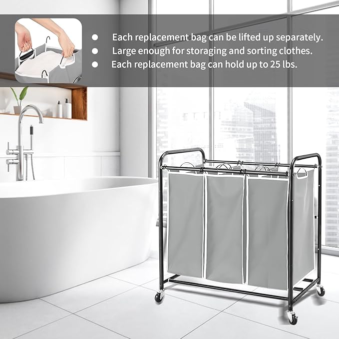 3 Bag Laundry Sorter Replacement Bags, Augot Large Hamper Cart Removable Replacement Bags with 6Pcs Hangers and Carry Handle, Laundry Organizer Storage Case 21"H×15"L×9"W