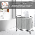 3 Bag Laundry Sorter Replacement Bags, Augot Large Hamper Cart Removable Replacement Bags with 6Pcs Hangers and Carry Handle, Laundry Organizer Storage Case 21"H×15"L×9"W