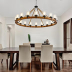60-inch Rustic Wooden Chandelier with Bubble Glass Shade, 18-Light Modern Farmhouse Wagon Wheel Light for Dining Room Kitchen Island Entryway
