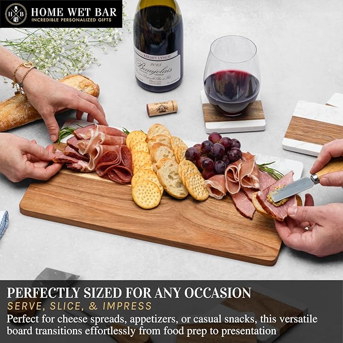 HomeWetBar Personalized Acacia Charcuterie Board With cheese Knives | Custom 16" x 9" White Marble & Acacia Wood Cheese Board | Perfect Housewarming + Wedding + Couples Gift Idea