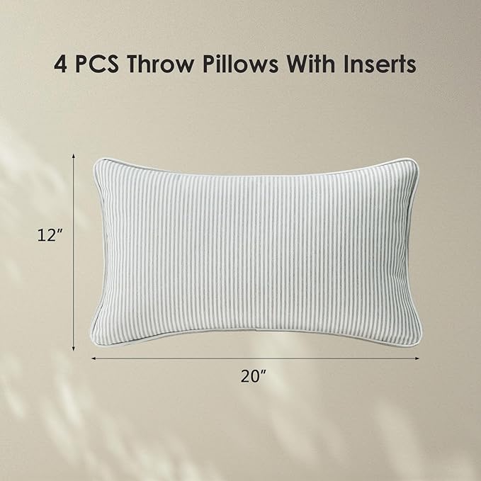 Decorative Outdoor Water Repellent Throw Pillows with Inserts, Set of 4, 20" x12" Pillows for Patio, Backyard, Bed, Couch, and Patio Furniture, Tan Stripe