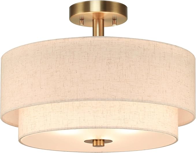 XiNBEi Lighting 16inch Semi Flush Mount Ceiling Light, 3-Light Brass Double Drum Light Fixture with Linen Shade Close to Ceiling Lamp for Bedroom Living Room Kitchen XB-SF1289-BS