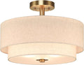 XiNBEi Lighting 16inch Semi Flush Mount Ceiling Light, 3-Light Brass Double Drum Light Fixture with Linen Shade Close to Ceiling Lamp for Bedroom Living Room Kitchen XB-SF1289-BS
