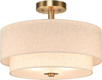 XiNBEi Lighting 16inch Semi Flush Mount Ceiling Light, 3-Light Brass Double Drum Light Fixture with Linen Shade Close to Ceiling Lamp for Bedroom Living Room Kitchen XB-SF1289-BS