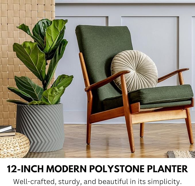 Fox & Fern Large 12 Inch Planter — Premium Polystone Gray Plant Pot with 3D Texture and Drainage Plug; 12 Inch Pots for Plants Indoor; Large Planter for Indoor & Outdoor Plants