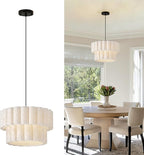 16 Inch Wavy Linen Chandelier Modern Pendant Light Fixture, Rustic Fabric Hanging Ceiling Lamp for Dining Room, Kitchen Island, Living Room, Foyer, Dimmable Lighting Over Table