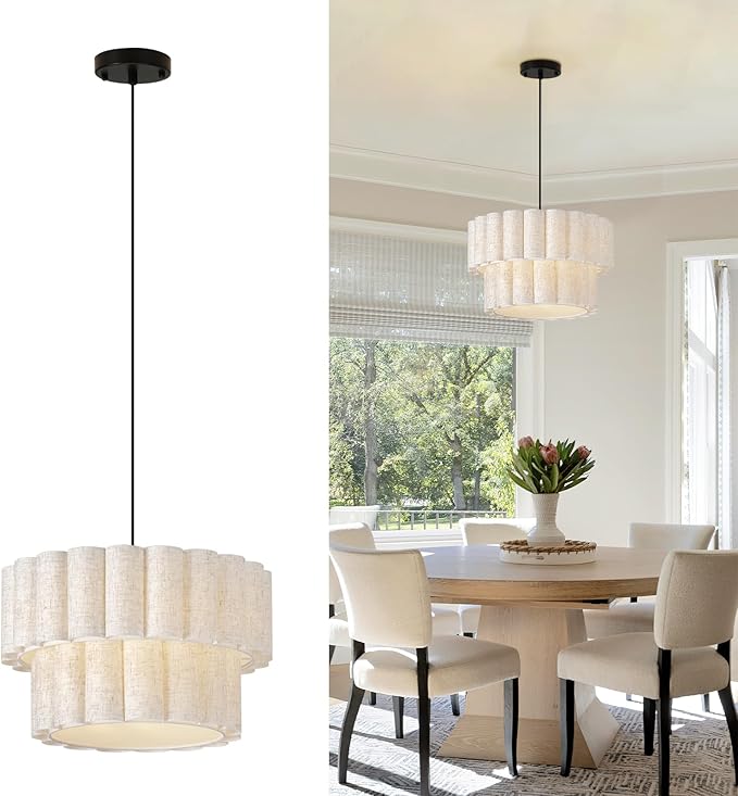 16 Inch Wavy Linen Chandelier Modern Pendant Light Fixture, Rustic Fabric Hanging Ceiling Lamp for Dining Room, Kitchen Island, Living Room, Foyer, Dimmable Lighting Over Table