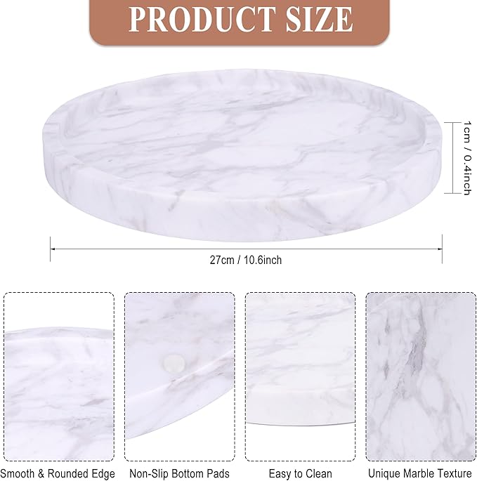 WORHE Natural Marble Decorative Tray for Bathroom Bedroom Kitchen Dresser, Large 10.6" Round Vanity Trays for Jewelry, Perfume, Cosmetic, Candle, Countertop Storage Organizer for Home Decor (WH037)