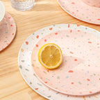 Bzyoo 12-Piece Melamine Dinnerware Set - White Confetti | Lightweight, Durable, BPA-Free | Dishwasher Safe Dish Set for Indoor & Outdoor Use - Perfect for Camping, BBQs, Kids Parties