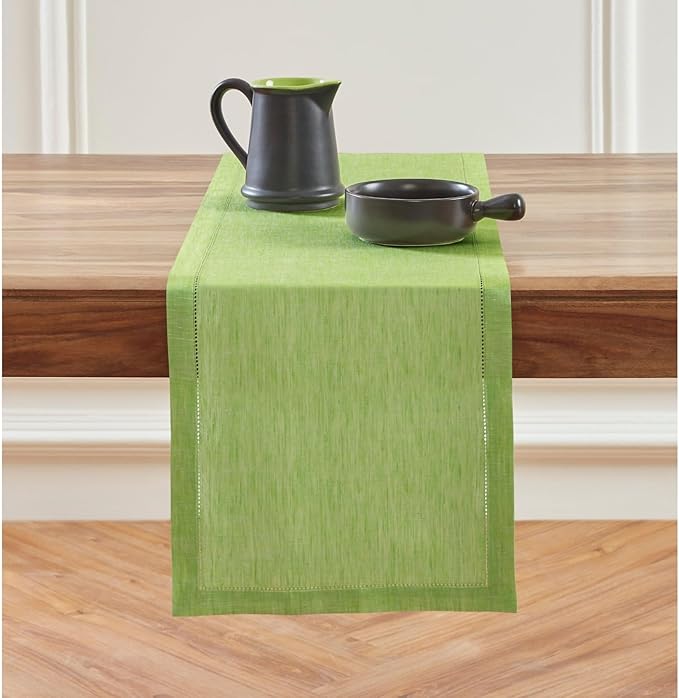 Solino Home Linen Table Runner 72 Inches Long - 100% Pure Linen Chambray Lime Green Table Runner 14 x 72 Inch - Milan Hemstitch