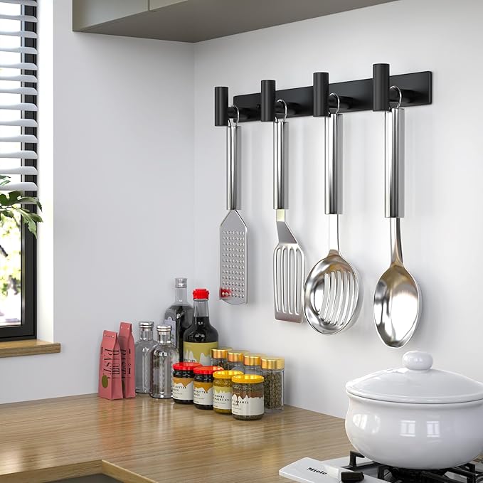 Wall Mounted Coat Rack-4 Hooks, Heavy Duty Stainless Steel Wall Hooks for Towel Coat Bag, Hat Rack Coat Hanger Coat Hooks Towel Racks for Bathroom Entryway Kitchen Hotel Office (Black, 1 Pack)