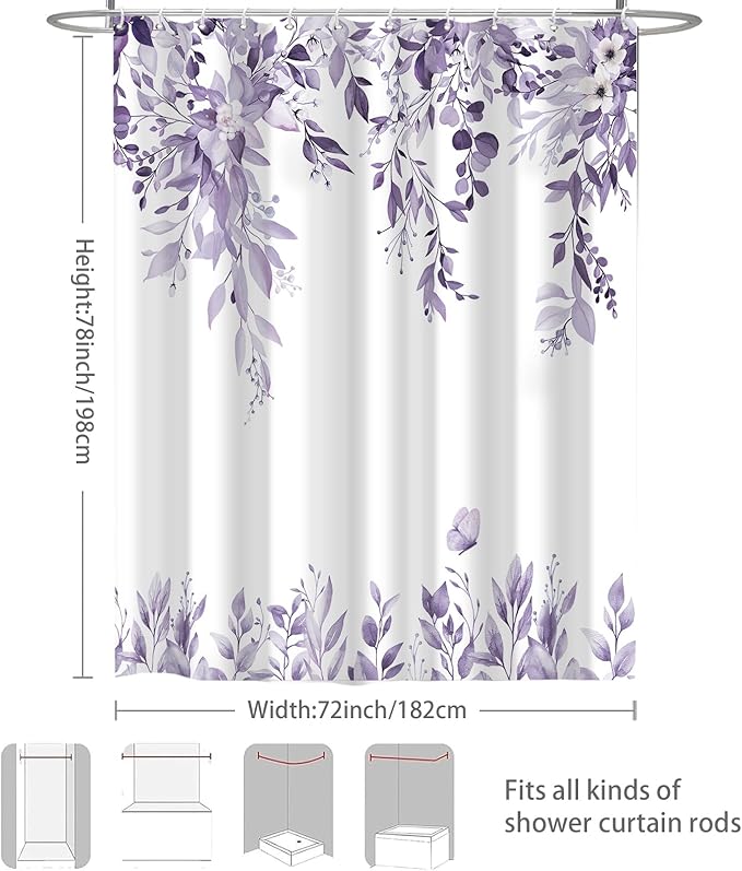 Eucalyptus Shower Curtain, Light Purple Watercolor Leaves with Floral Botanical Bathroom Decor, Waterproof Fabric Bath Curtain Set with Hooks, 72x78 Inches