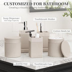6-Piece Beige Bathroom Set - Sleek Resin Bathroom Accessories Set with Soap Dispenser, Toothbrush Holder, Vanity Tray, Tumbler & Apothecary Jars for Small Spaces