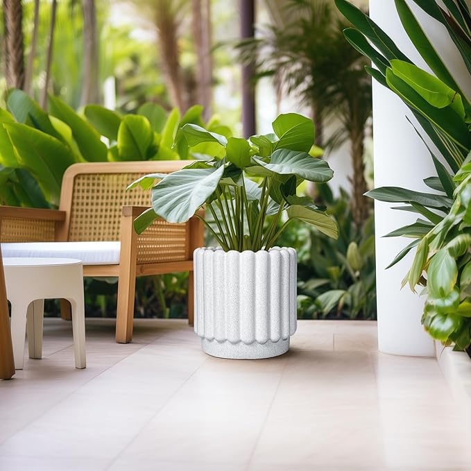Ceramic Flower Pots - 12 Inch Plant Pot Indoor Outdoor, Fluted Large Ceramic Planters with Drainage Hole, Modern Round Planters, Apartment Decor, Plant Lover Gifts, White