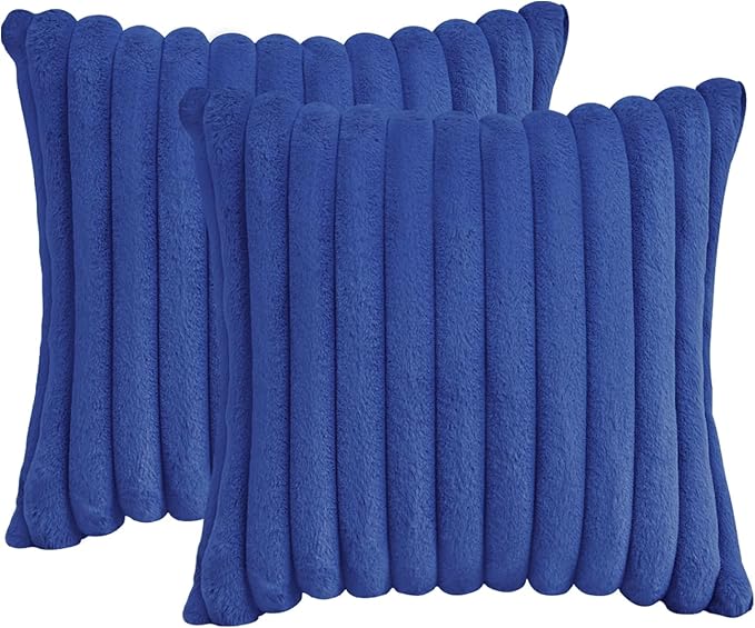 Throw Pillow Covers Decorative Faux Fur Set of 2 16x16 Inch Pillow Covers, Soft Navy Blue Plush Striped Pillowcases for Couch Sofa Bed Living Room, Fluffy Cute Home Boho Accent Fuzzy Decor