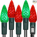 WATERGLIDE C6 Christmas Lights, 33ft 100 LED Faceted String Lights Green Wire Fairy Lights with Safe Adaptor, 8 Lighting Mode, Waterproof for Indoor Outdoor Patio Xmas Tree Party Decor, Red & Green
