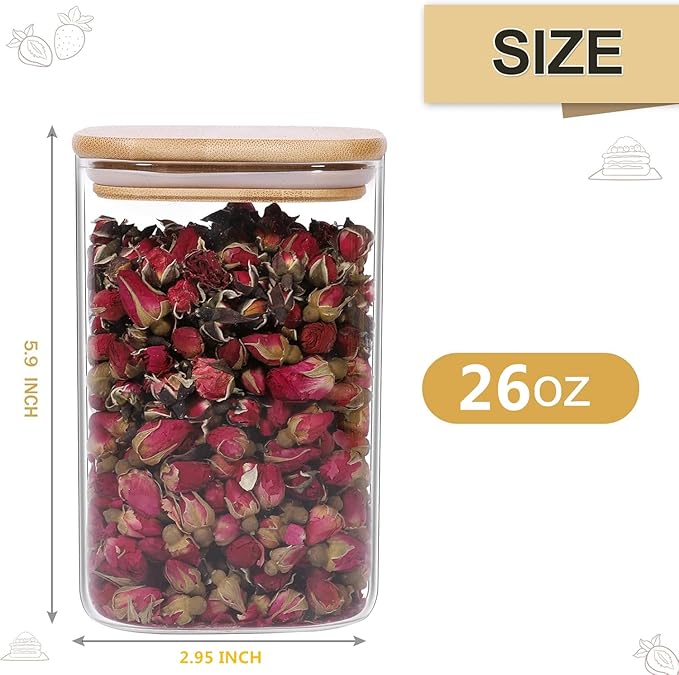 Glass Storage Jars Squar 8 Pack 26 oz Clear Glass Food Storage Containers with Airtight Bamboo Lid Stackable Kitchen Canisters for Candy,Cookie,Rice,Sugar,Flour,Pasta,Nuts and Spice Jars(Square)