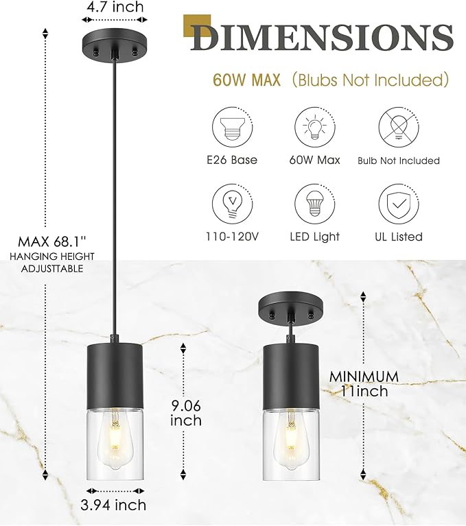 Black Pendant Lights Kitchen Island, Modern Hanging Lights Fixtures with Cylinder Clear Glass, Industrial Kitchen Pendant Lighting Over Island for Dining Room, AD-24023-1P-BK