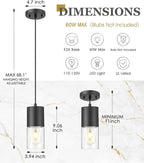 Black Pendant Lights Kitchen Island, Modern Hanging Lights Fixtures with Cylinder Clear Glass, Industrial Kitchen Pendant Lighting Over Island for Dining Room, AD-24023-1P-BK