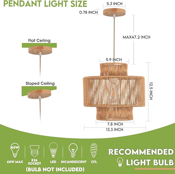 Rattan Pendant Light Boho Chandelier for Dinning Room Bohemian Hanging Lights 3-Tier Rattan Chandelier Basket Light Woven Light for Bedroom Entrance Hallway Kitchen Island Light Fixture