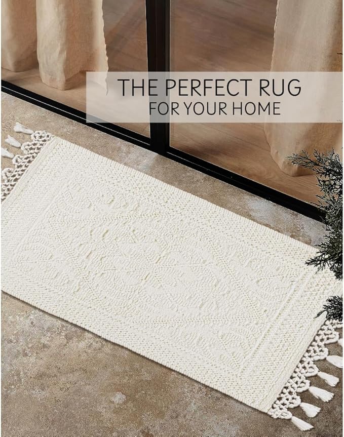 Savi Home Cotton Woven Jacquard Bathroom Rug, Woven Fringe Bathroom Mats, 100% Cotton, Non - Slip Bath Mat, Durable Thick Bath Mat 17”x30” with Fringes, Ivory