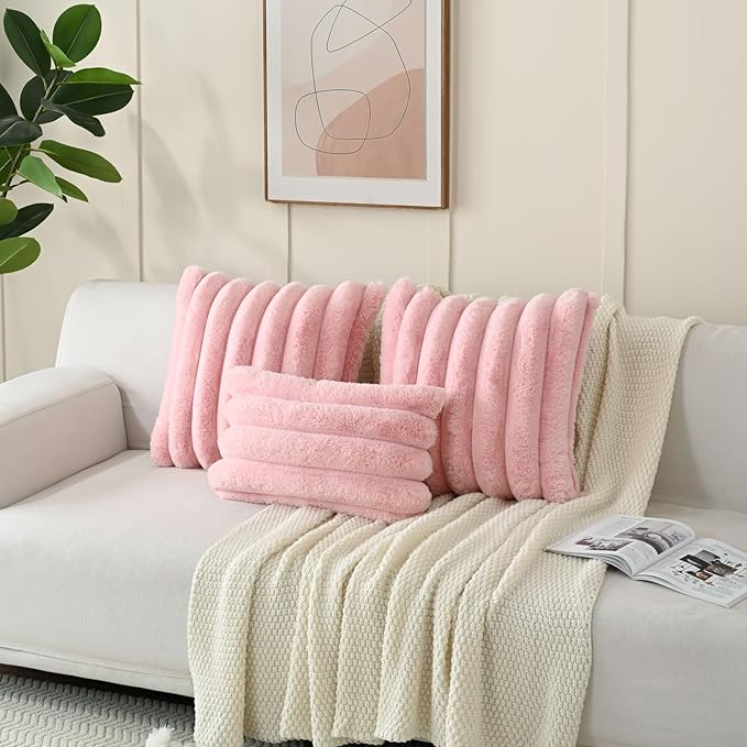 FUTEI Pink Decorative Throw Pillow Covers 26x26 Inch Set of 2, Square Soft Faux Rabbit Fur Big Striped Pillow Sham,Home Decor for Couch Sofa Bed Living Room