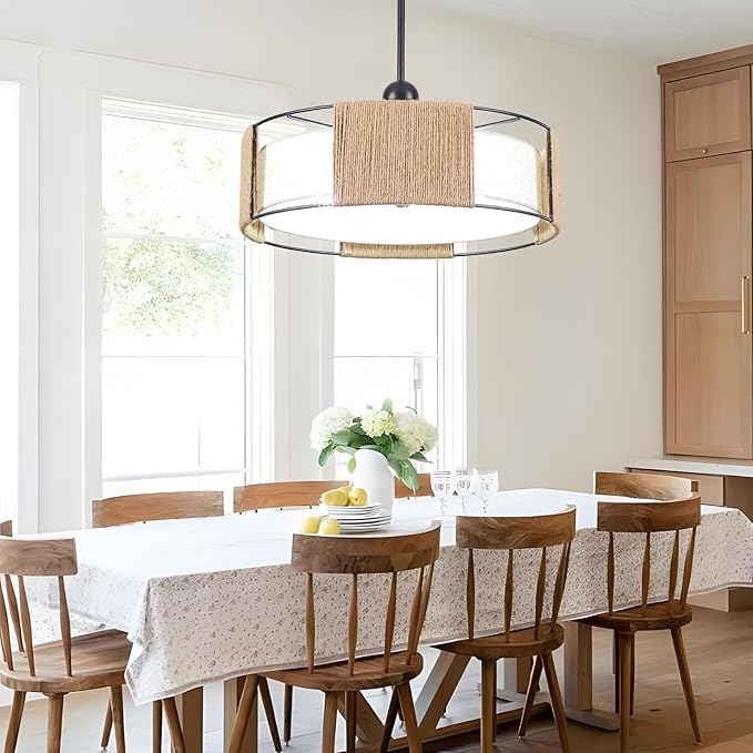 19.7" Rattan Chandelier ，5-Light Boho Dining Room Chandelier，Rustic Chandelier with Fabric lampshade，Suitable for Farmhouse Dining Room ，Living Room， Kitchen Bedroom， Hallway Stairs Hanging