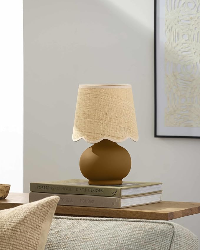 BoutiqueRugs Navarro Boho Ceramic Bedside Table Lamp for Bedroom Nightstand and Living Room - Shade Rattan - Brown, Beige - 13" H