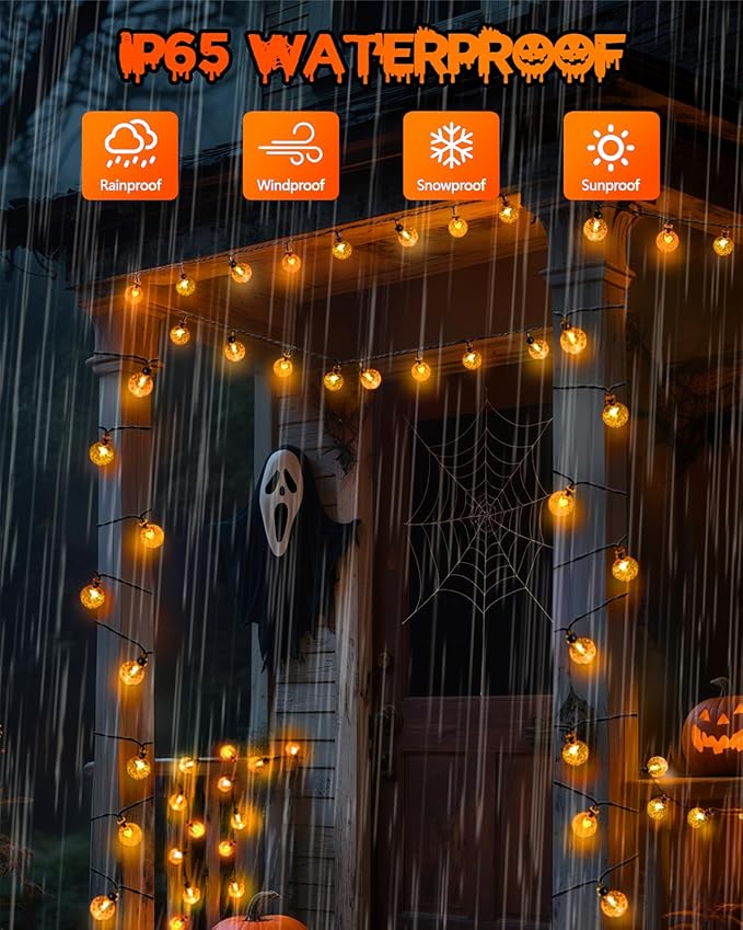 LORRYTE 2-Pack 100 LED Orange Solar Halloween Lights Outdoor - 64FT Waterproof Solar Globe String Lights with 8 Lighting Modes, Solar Outdoor Halloween Decorations for Tree Garden Patio Party