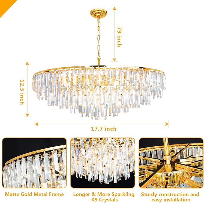 Gold Modern Round Top K9 Crystal Chandelier Lighting Fixture, 17 Lights Round K9 Crystal Adjustable Hanging Lamp for Dining Room Bedroom Living Room,Hallway,Bar,Kitchen W39''