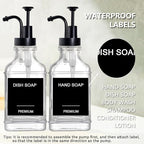 Dish Soap Dispenser for Kitchen, Hand Glass Soap Dispenser Set with Pump, Funnel for Bathroom, Shower, Laundry, Liquid, Lotion (Black 2 Pack 18 Oz Clear Bottles with 12 Stickers)